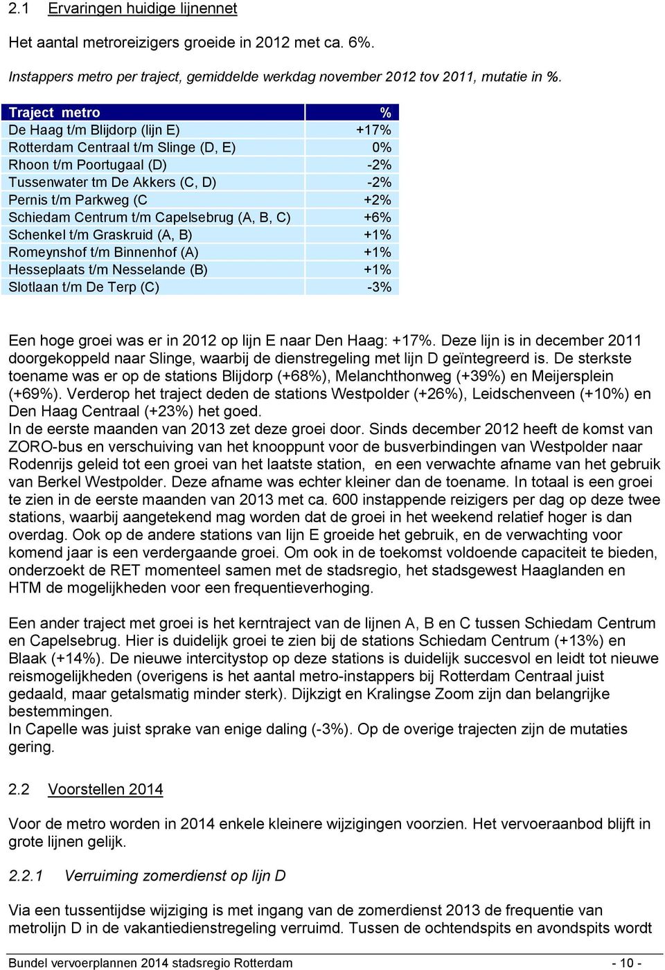 t/m Capelsebrug (A, B, C) +6% Schenkel t/m Graskruid (A, B) +1% Romeynshof t/m Binnenhof (A) +1% Hesseplaats t/m Nesselande (B) +1% Slotlaan t/m De Terp (C) -3% Een hoge groei was er in 2012 op lijn