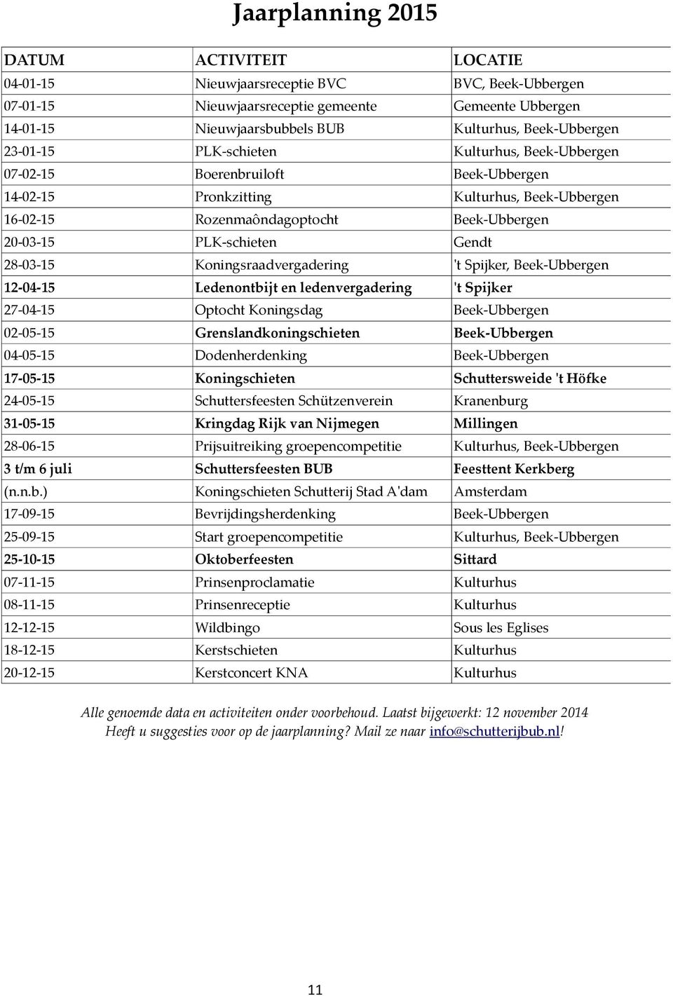 07-02-15 Boerenbruiloft Beek-Ubbergen 14-02-15 Pronkzitting Kulturhus, Beek-Ubbergen 16-02-15 Rozenmaôndagoptocht Beek-Ubbergen 20-03-15 PLK-schieten Gendt 28-03-15 Koningsraadvergadering 't Spijker,