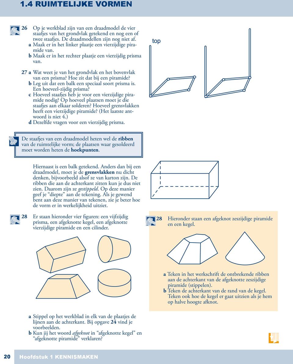 Hoe zit dat bij een piramide? b Leg uit dat een balk een speciaal soort prisma is. Een hoeveel-zijdig prisma? c Hoeveel staafjes heb je voor een vierzijdige piramide nodig?