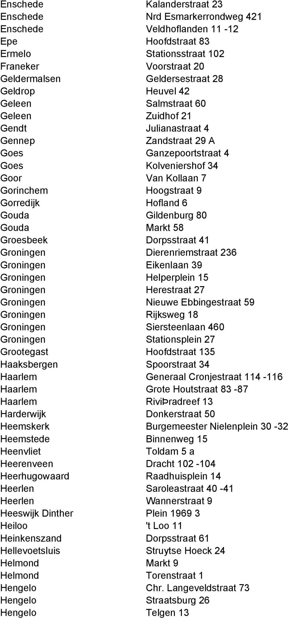 6 Gouda Gildenburg 80 Gouda Markt 58 Groesbeek Dorpsstraat 41 Groningen Dierenriemstraat 236 Groningen Eikenlaan 39 Groningen Helperplein 15 Groningen Herestraat 27 Groningen Nieuwe Ebbingestraat 59