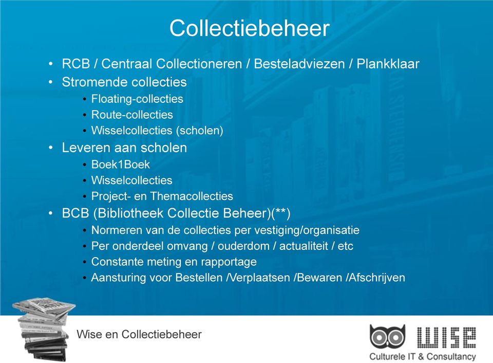 (Bibliotheek Collectie Beheer)(**) Normeren van de collecties per vestiging/organisatie Per onderdeel omvang / ouderdom /