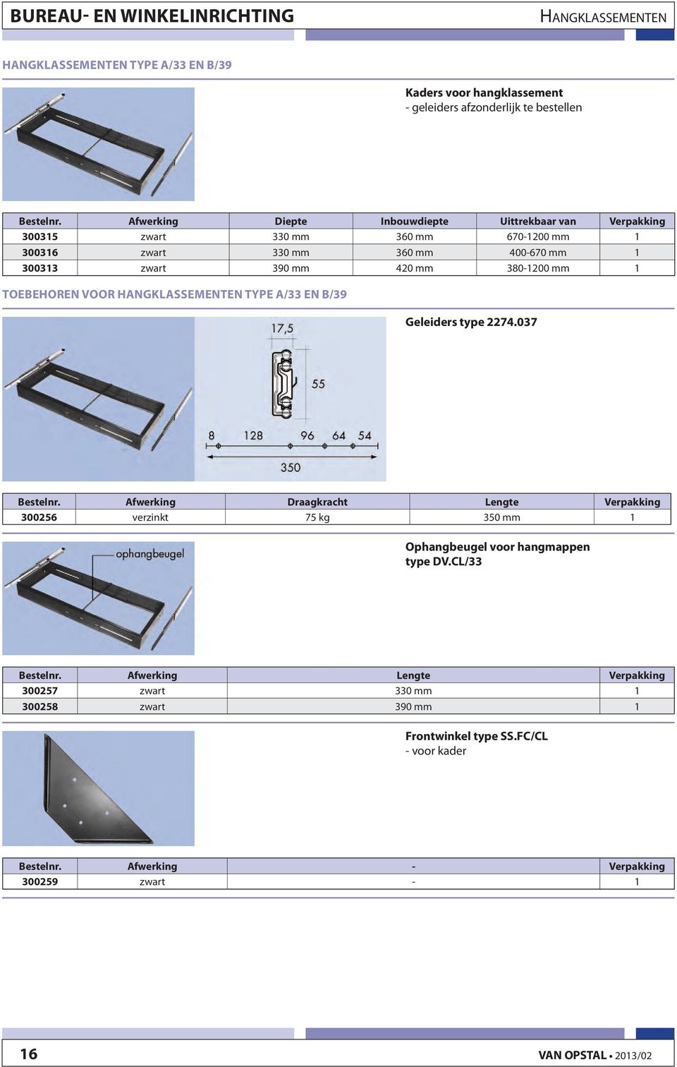 mm 1 TOEBEHOREN VOOR HANGKLASSEMENTEN TYPE A/33 EN B/39 Geleiders type 2274.037 Bestelnr.