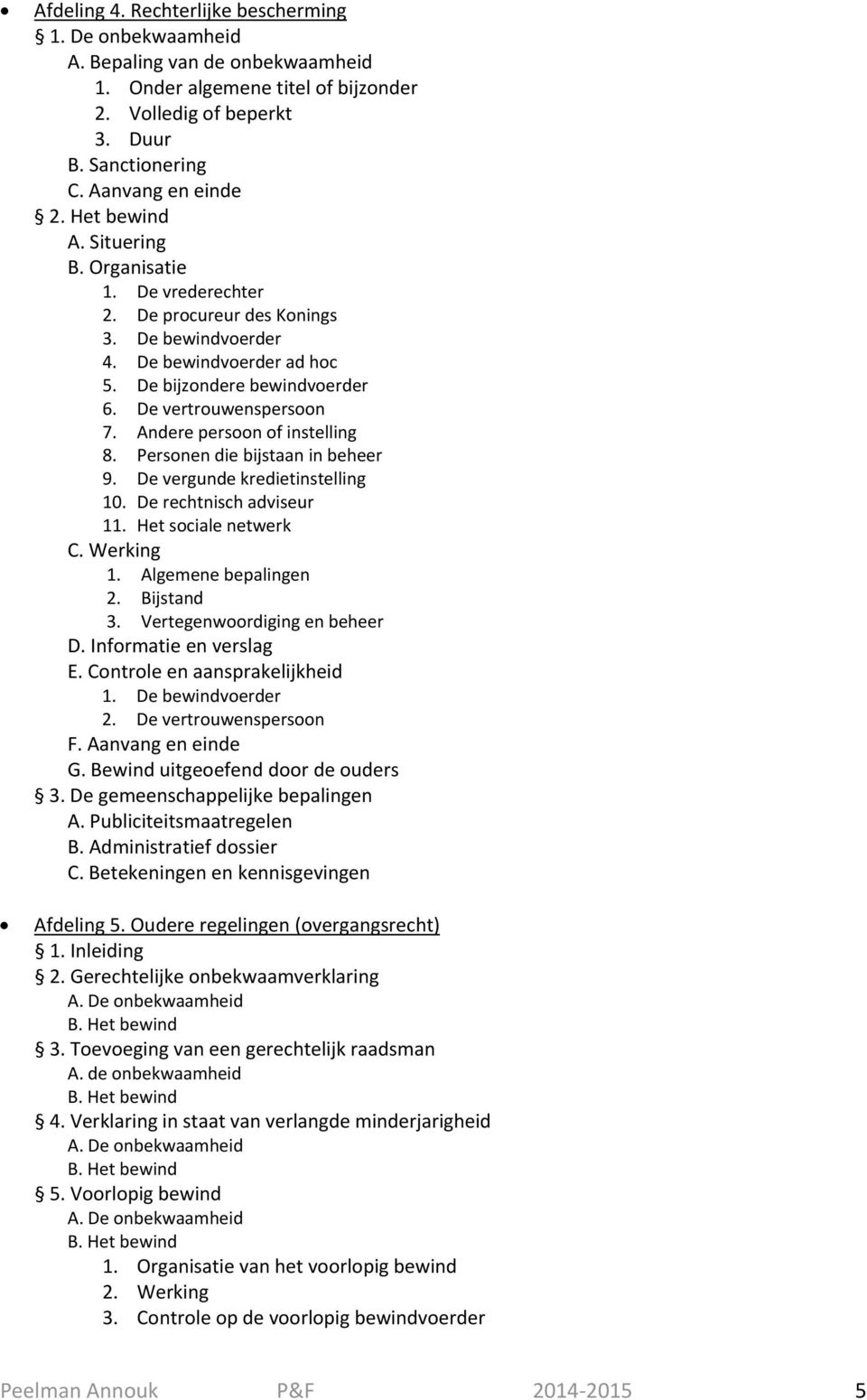 Andere persoon of instelling 8. Personen die bijstaan in beheer 9. De vergunde kredietinstelling 10. De rechtnisch adviseur 11. Het sociale netwerk C. Werking 1. Algemene bepalingen 2. Bijstand 3.