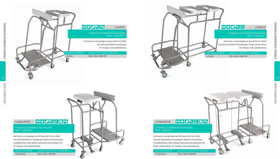 De Droppy met voetbediening. 1210 X 585 X 980 MM 2-RINGS COMBINATIEWAGEN 18 19 LCHDU1CDF LCHDU2CDF 1-RINGS COMBINATIEWAGEN MET DROPPY Het frame is vervaardigd van buis Ø 22 mm (304).