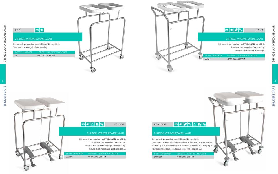 LC2 660 X 435 X 950 MM LCH2 750 X 455 X 950 MM 2-RINGS WASVERZAMELAAR 8 9 LC2CDF LCH2CDF 2-RINGS WASVERZAMELAAR Het frame is vervaardigd van buis Ø 22 mm (304). Standaard met een grijze Care spanring.