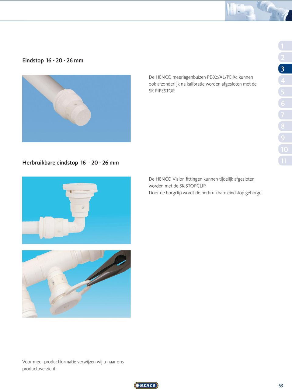 0 De HENCO Vision fittingen kunnen tijdelijk afgesloten worden met de SK-STOPCLIP.