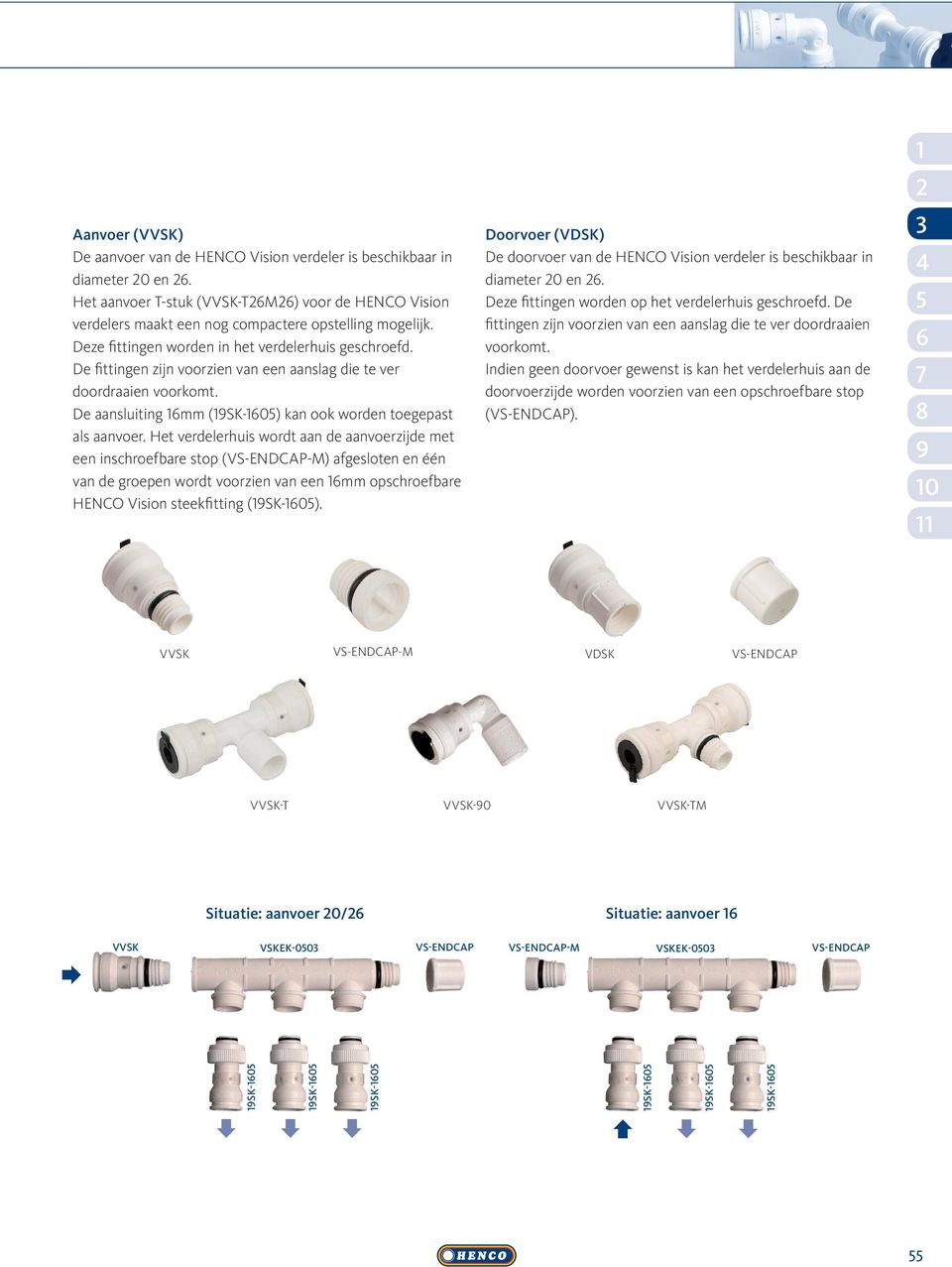 Het verdelerhuis wordt aan de aanvoerzijde met een inschroefbare stop (VS-ENDCAP-M) afgesloten en één van de groepen wordt voorzien van een mm opschroefbare HENCO Vision steekfitting (SK-0).