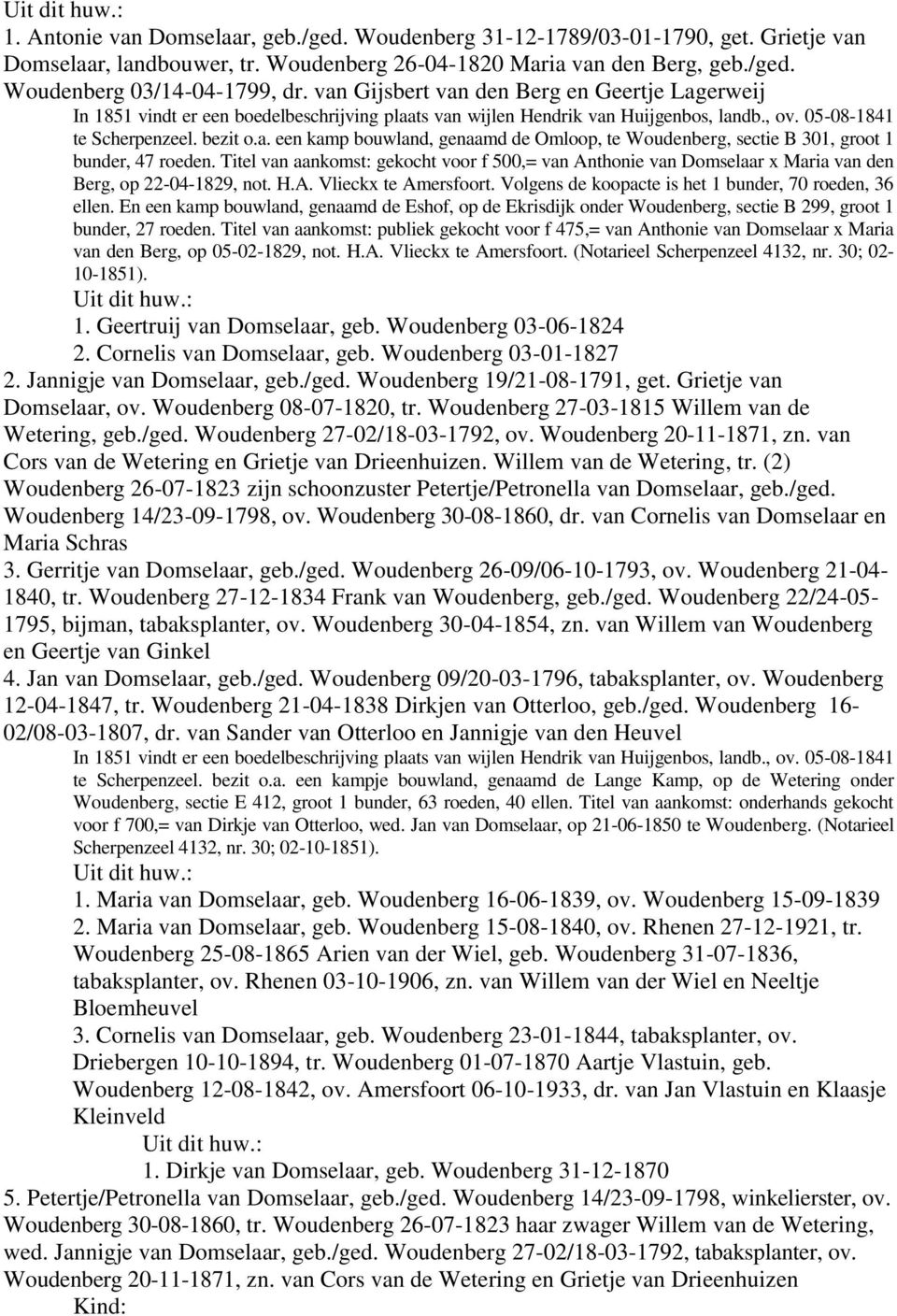 Titel van aankomst: gekocht voor f 500,= van Anthonie van Domselaar x Maria van den Berg, op 22-04-1829, not. H.A. Vlieckx te Amersfoort. Volgens de koopacte is het 1 bunder, 70 roeden, 36 ellen.