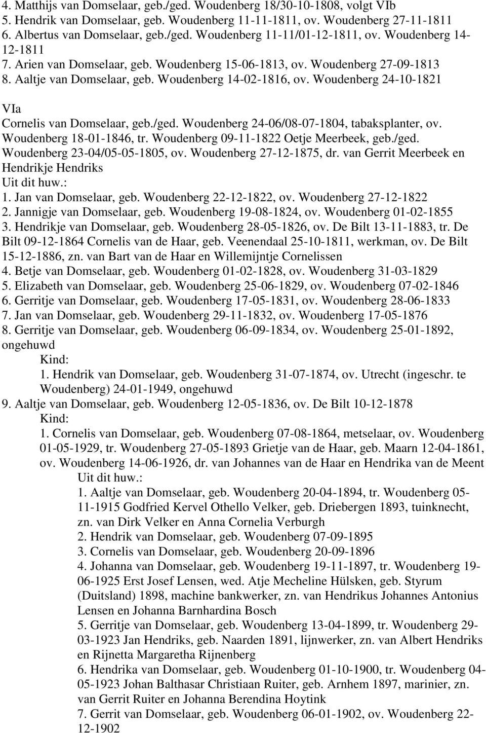 Woudenberg 24-10-1821 VIa Cornelis van Domselaar, geb./ged. Woudenberg 24-06/08-07-1804, tabaksplanter, ov. Woudenberg 18-01-1846, tr. Woudenberg 09-11-1822 Oetje Meerbeek, geb./ged. Woudenberg 23-04/05-05-1805, ov.