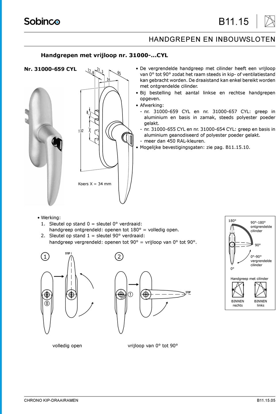 31000-657 CYL: greep in aluminium en basis in zamak, steeds polyester poeder gelakt. -- nr. 31000-655 CYL en nr. 31000-654 CYL: greep en basis in aluminium geanodiseerd of polyester poeder gelakt.