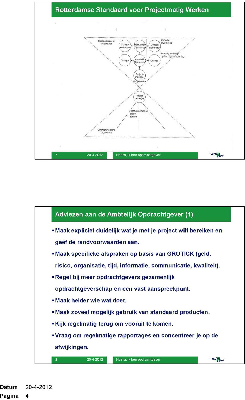 Maak specifieke afspraken op basis van GROTICK (geld, risico, organisatie, tijd, informatie, communicatie, kwaliteit).