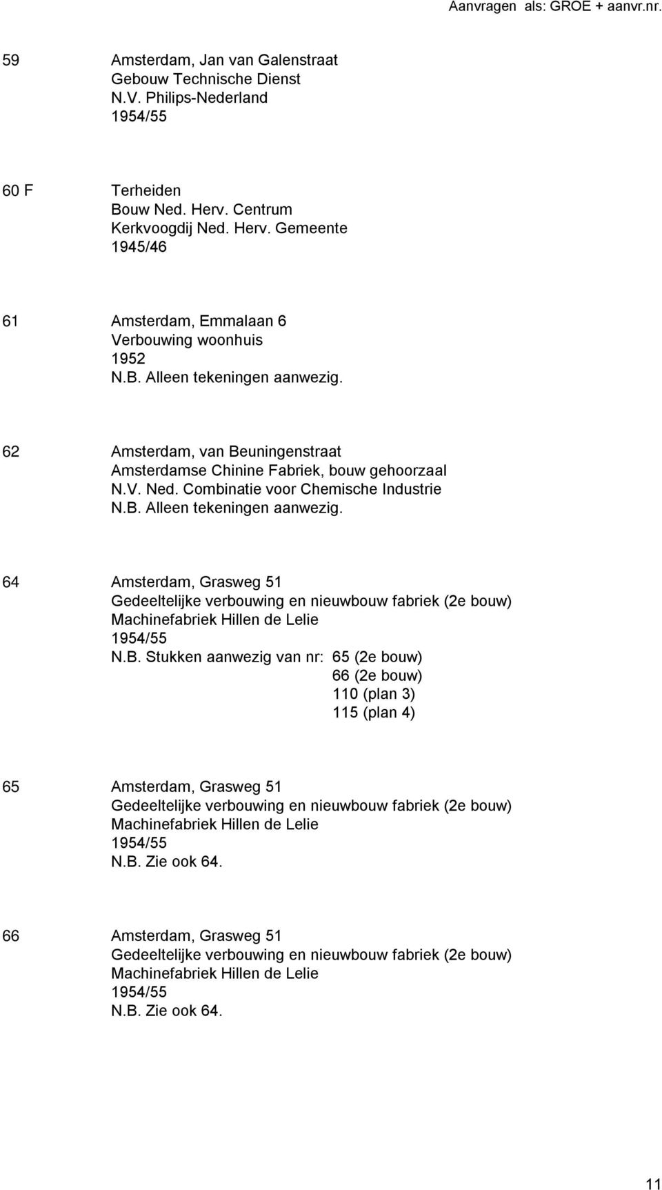 B. Stukken aanwezig van nr: 65 (2e bouw) 66 (2e bouw) 110 (plan 3) 115 (plan 4) 65 Amsterdam, Grasweg 51 Gedeeltelijke verbouwing en nieuwbouw fabriek (2e bouw) Machinefabriek Hillen de Lelie 1954/55