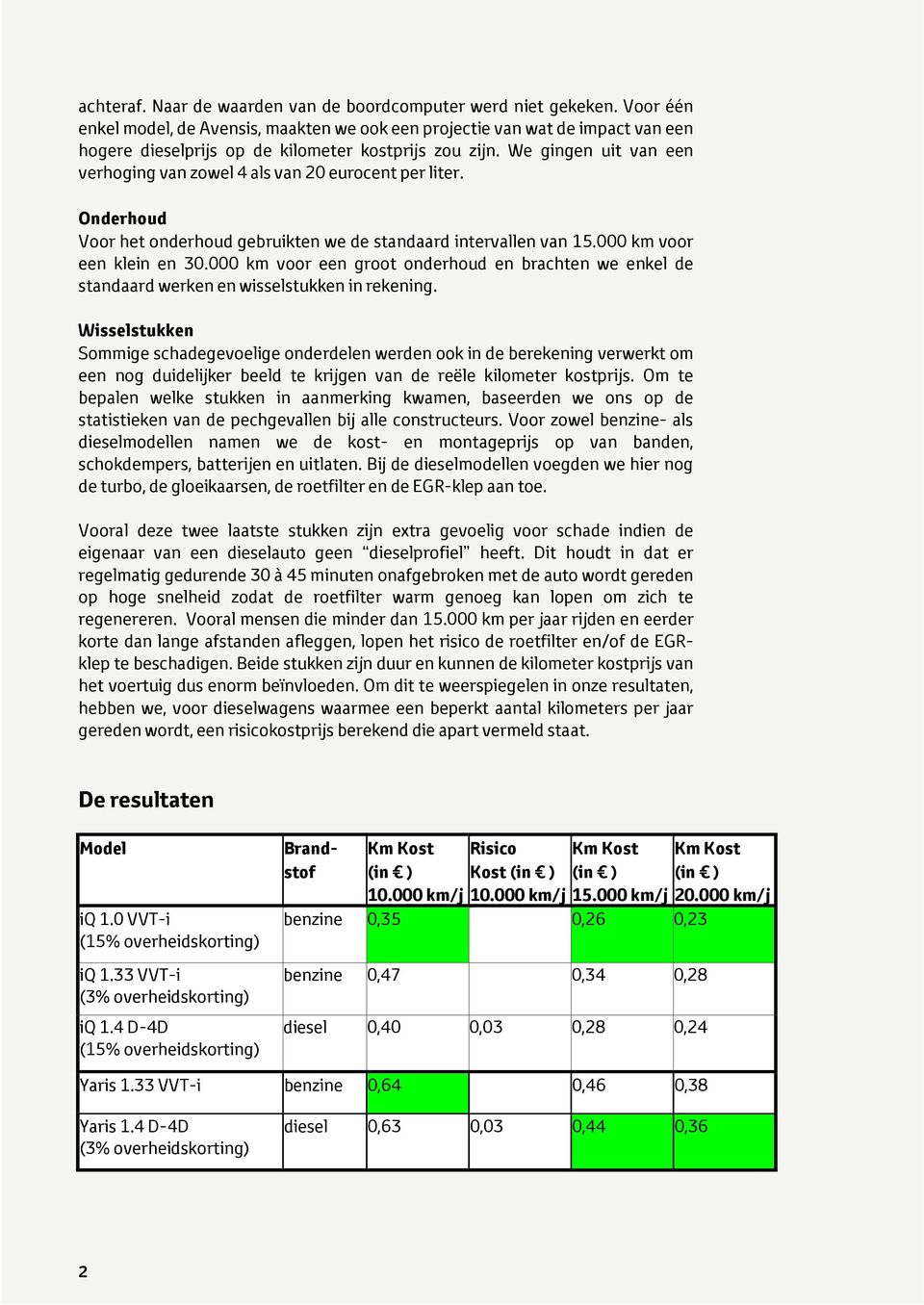 We gingen uit van een verhoging van zowel 4 als van 20 eurocent per liter. Onderhoud Voor het onderhoud gebruikten we de standaard intervallen van 15.000 km voor een klein en 30.