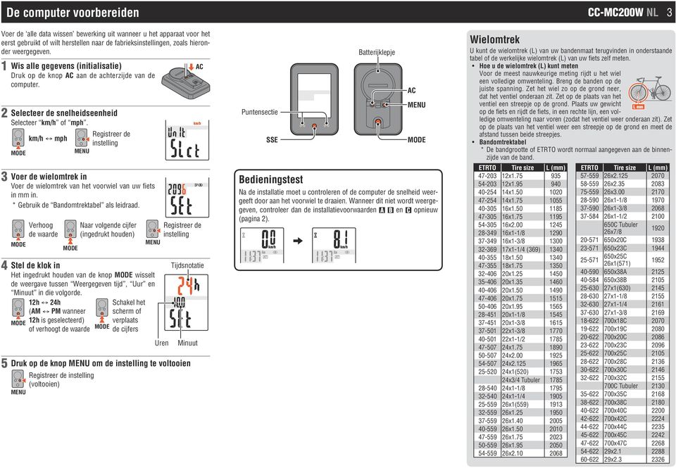 km/h mph de instelling 3 Voer de wielomtrek in Voer de wielomtrek van het voorwiel van uw fiets in mm in. * Gebruik de Bandomtrektabel als leidraad.