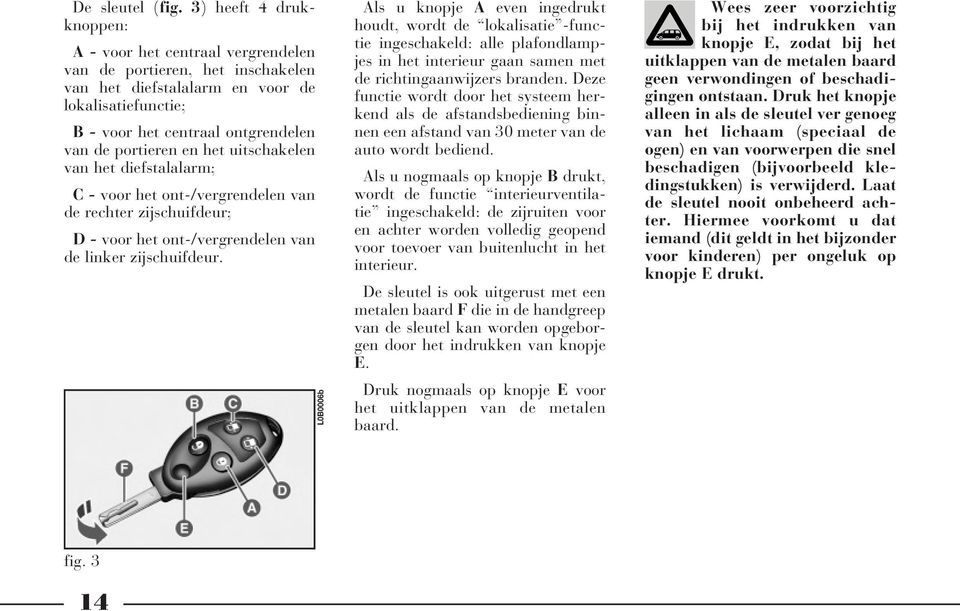 en het uitschakelen van het diefstalalarm; C - voor het ont-/vergrendelen van de rechter zijschuifdeur; D - voor het ont-/vergrendelen van de linker zijschuifdeur.