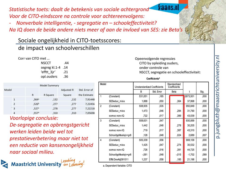 Na IQ doen de beide andere niets meer af aan de invloed van SES: zie Beta s Sociale ongelijkheid in CITO-toetsscores: de impact van schoolverschillen Corr van CITO met NSCCT.44 segreg kl.1-4.