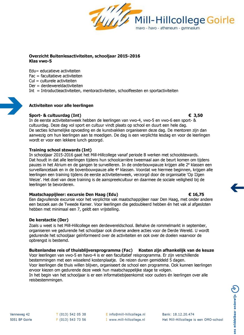 vwo-4, vwo-5 en vwo-6 een sport- & cultuurdag. Deze dag vol sport en cultuur vindt plaats op school en duurt een hele dag. De secties lichamelijke opvoeding en de kunstvakken organiseren deze dag.