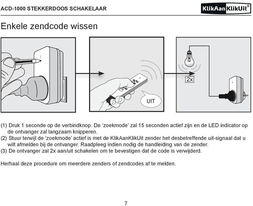 (2) Stuur terwijl de zoekmode actief is met de KlikAanKlikUit zender het desbetreffende uit-signaal dat u wilt afmelden bij de