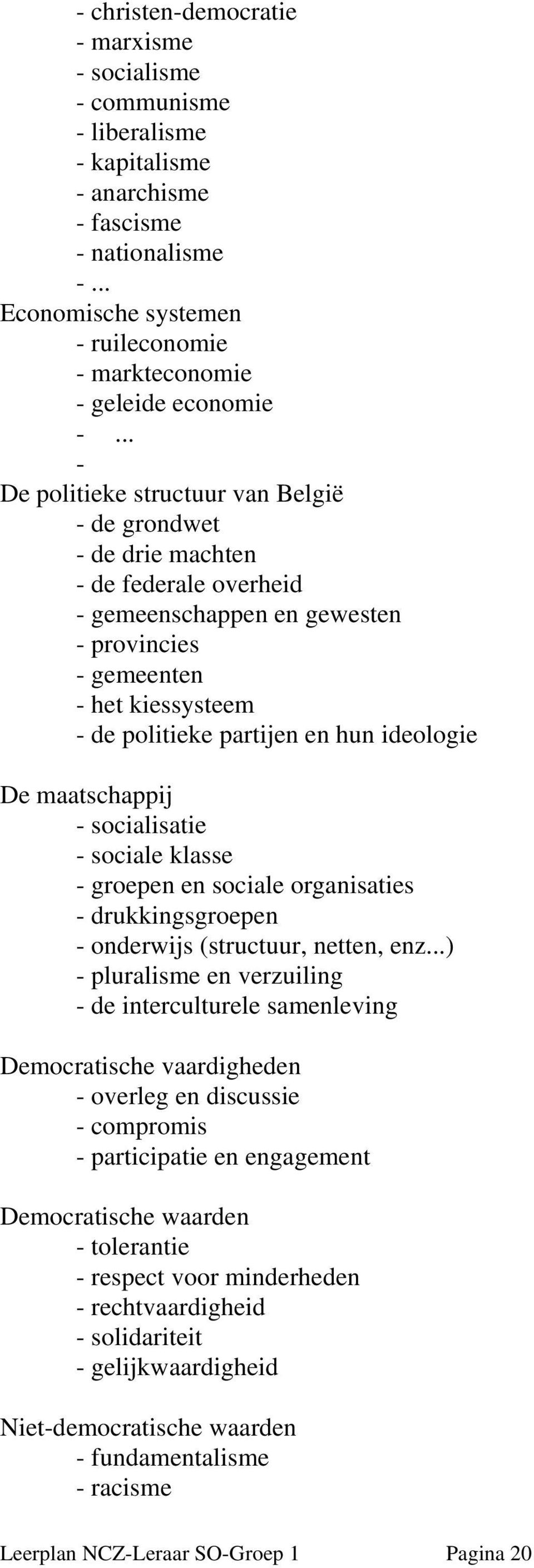 .. - De politieke structuur van België - de grondwet - de drie machten - de federale overheid - gemeenschappen en gewesten - provincies - gemeenten - het kiessysteem - de politieke partijen en hun