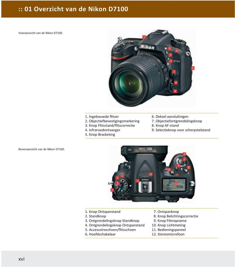 Selectieknop voor scherpstelstand Bovenaanzicht van de Nikon D7100. 1. Knop Ontspanstand 2. Standknop 3. Ontgrendelingsknop Standknop 4.