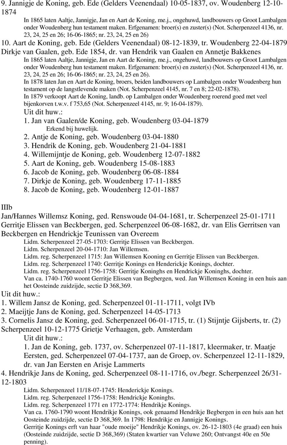 Woudenberg 22-04-1879 Dirkje van Gaalen, geb. Ede 1854, dr. van Hendrik van Gaalen en Annetje Bakkenes In 1865 laten Aaltje, Jannigje, Jan en Aart de Koning, me.j., ongehuwd, landbouwers op Groot Lambalgen onder Woudenberg hun testament maken.