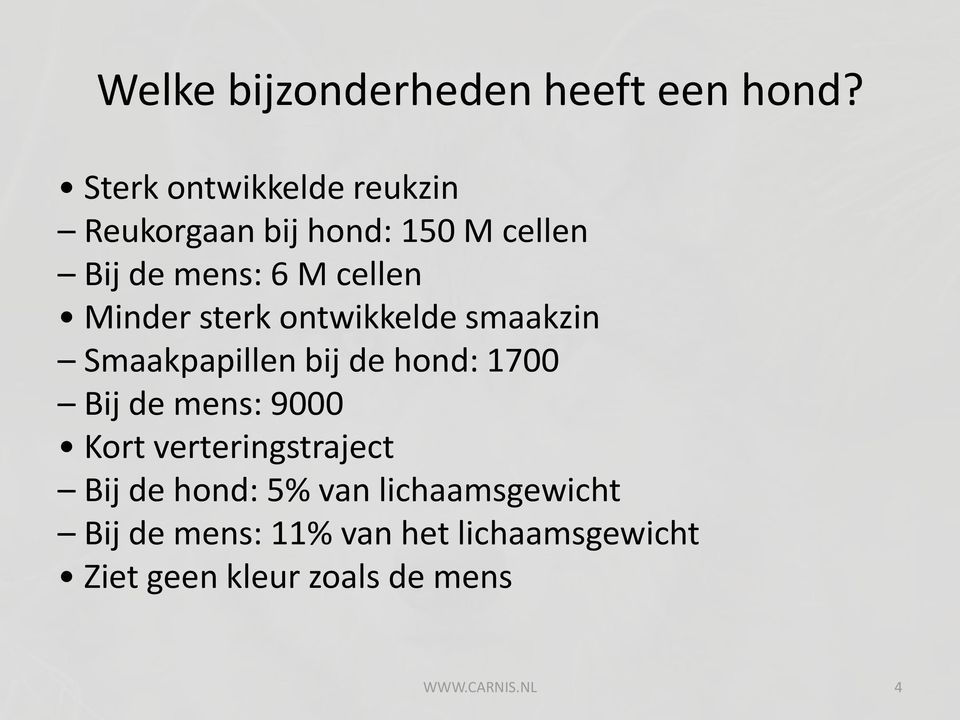 Minder sterk ontwikkelde smaakzin Smaakpapillen bij de hond: 1700 Bij de mens: 9000