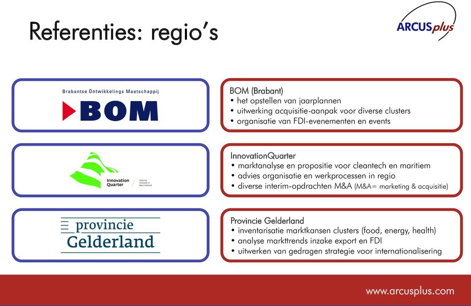 werkprocessen in regio diverse interim-opdrachten M&A (M&A= marketing & acquisitie) Provincie Gelderland inventarisatie