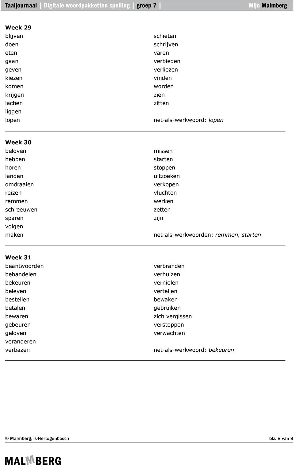 verkopen vluchten werken zetten zijn net-als-werkwoorden: remmen, starten Week 31 beantwoorden behandelen bekeuren beleven bestellen betalen bewaren