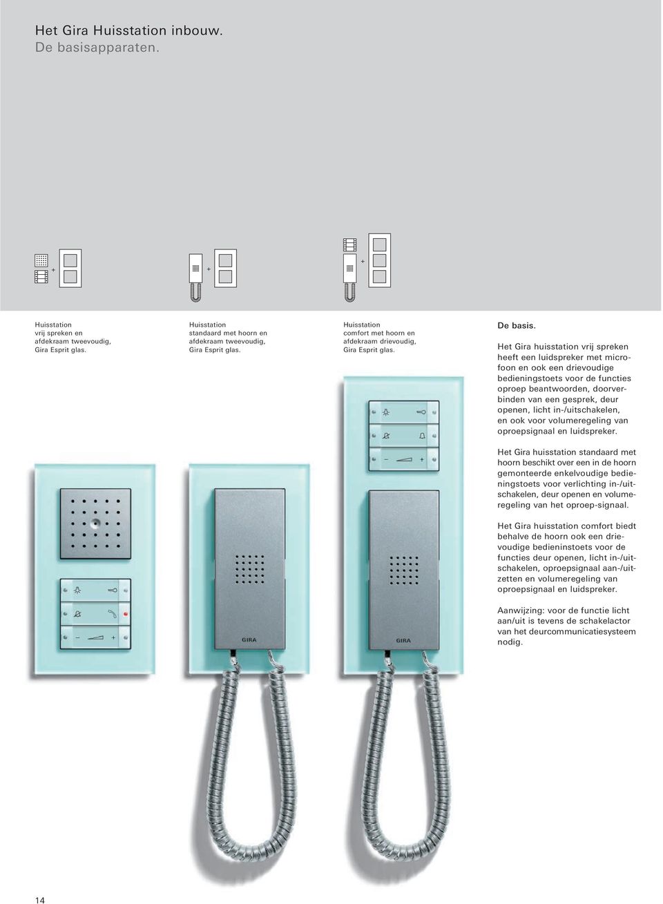 Het Gira huisstation vrij spreken heeft een luidspreker met microfoon en ook een drievoudige bedieningstoets voor de functies oproep beantwoorden, doorverbinden van een gesprek, deur openen, licht