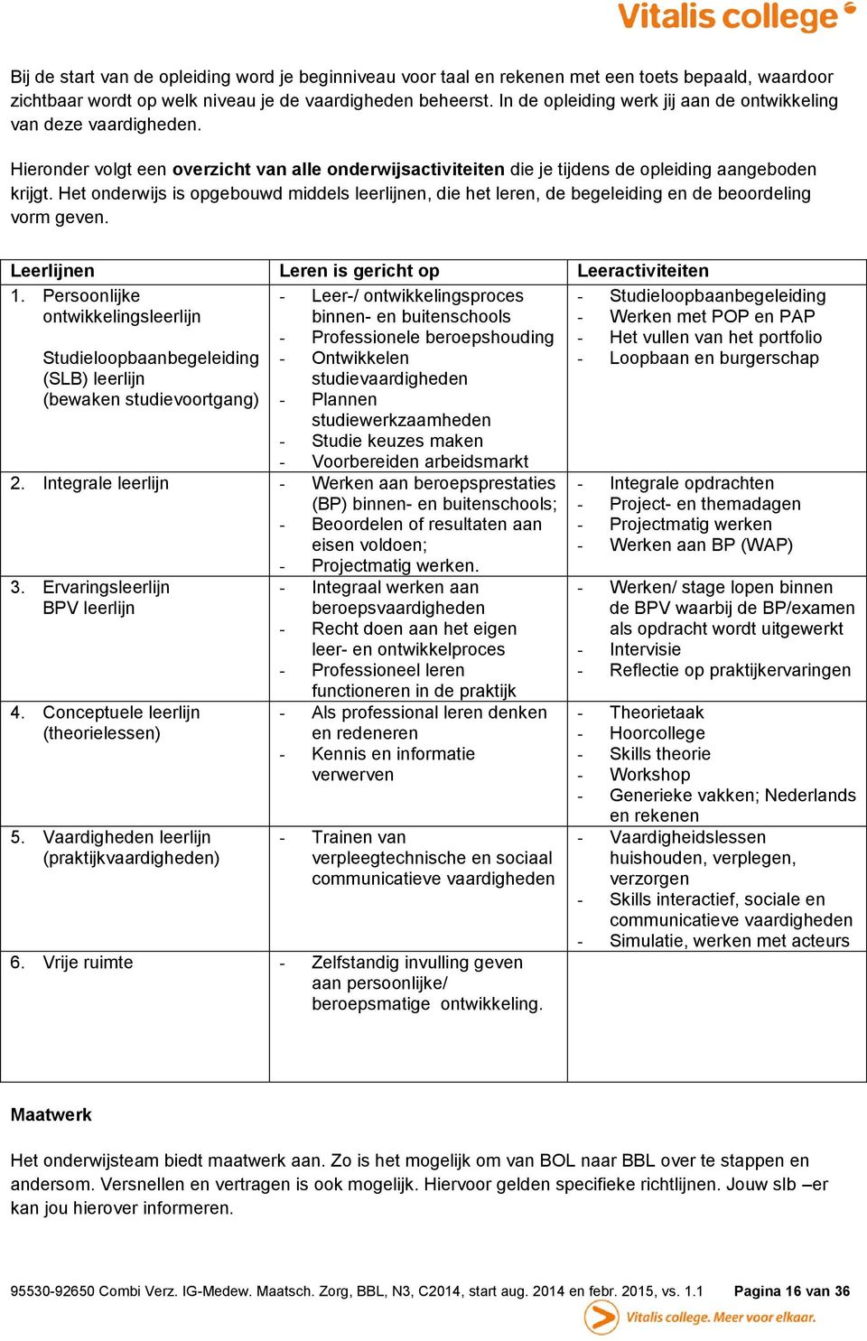 Het onderwijs is opgebouwd middels leerlijnen, die het leren, de begeleiding en de beoordeling vorm geven. Leerlijnen Leren is gericht op Leeractiviteiten.