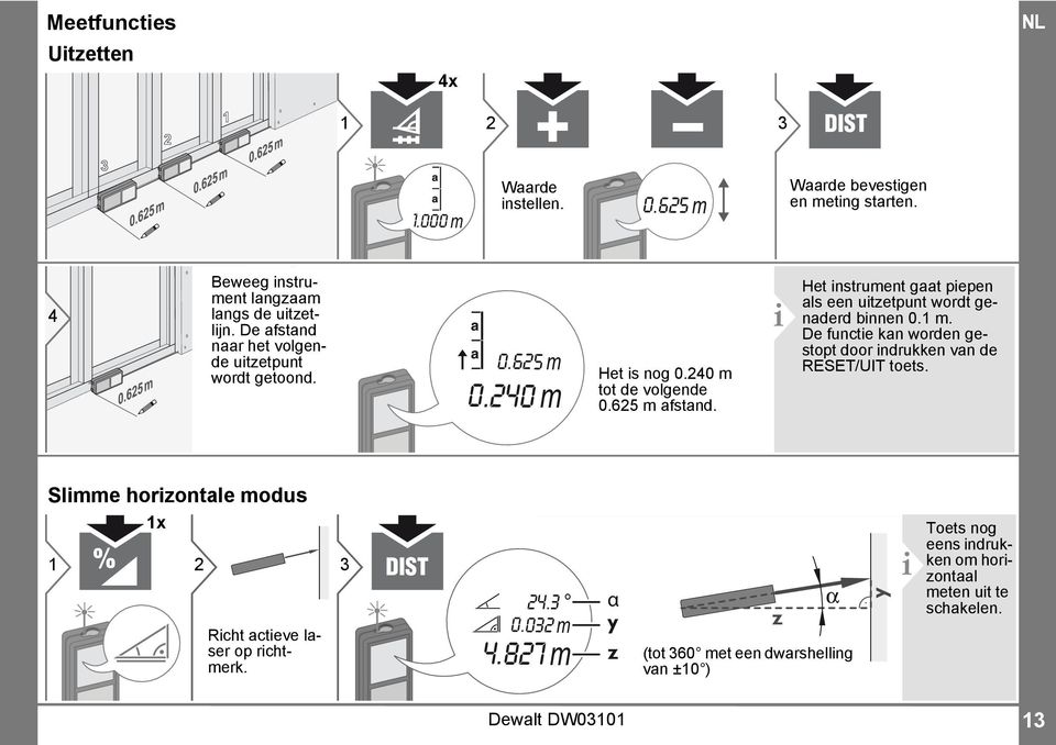 i Het instrument gaat piepen als een uitzetpunt wordt genaderd binnen 0. m. De functie kan worden gestopt door indrukken van de RESET/UIT toets.