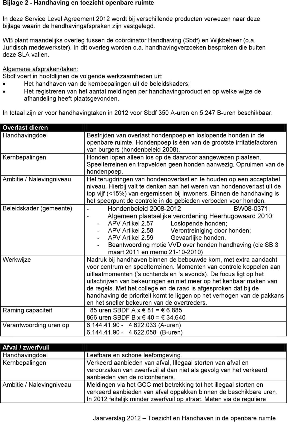 Algemene afspraken/taken: Sbdf voert in hoofdlijnen de volgende werkzaamheden uit: Het handhaven van de kernbepalingen uit de beleidskaders; Het registreren van het aantal meldingen per