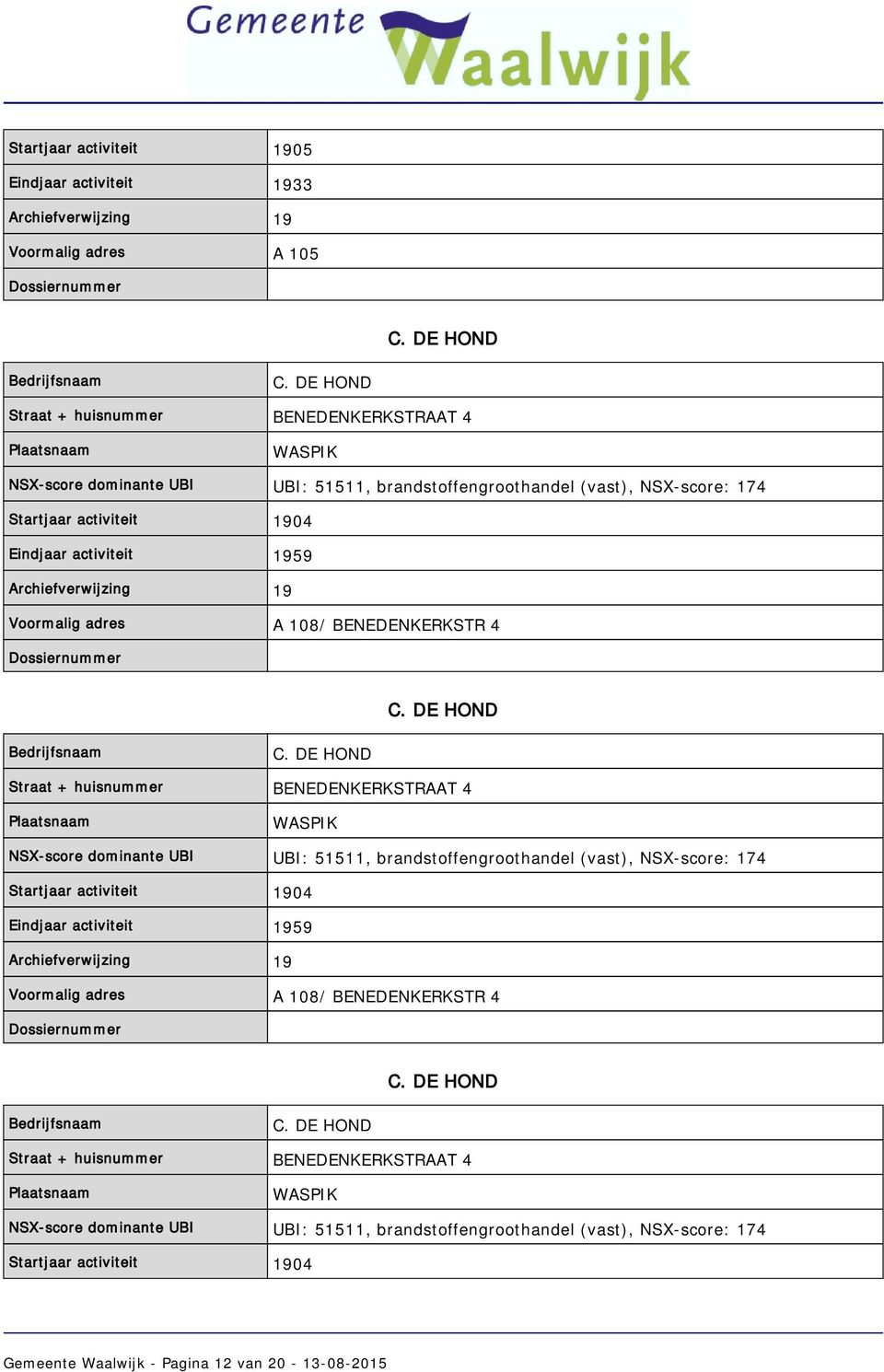 19 Voormalig adres A 108/ BENEDENKERKSTR 4 C. DE HOND C.