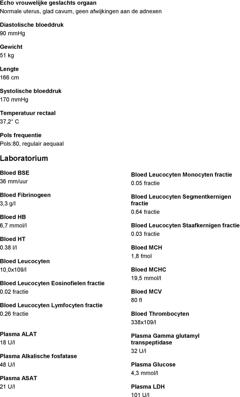 38 l/l Bloed Leucocyten 10,0x109/l Bloed Leucocyten Eosinofielen fractie 0.02 fractie Bloed Leucocyten Lymfocyten fractie 0.