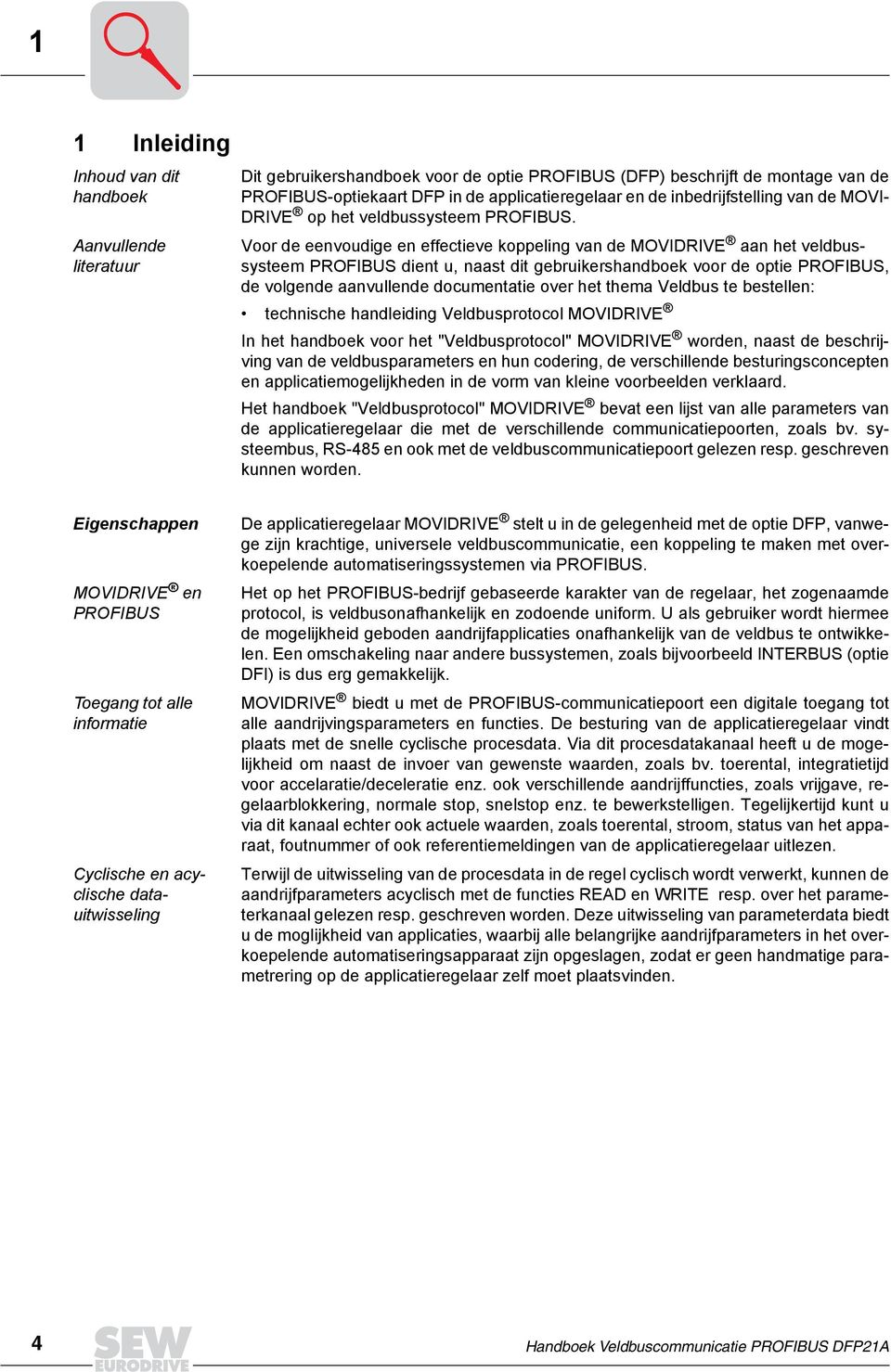 Voor de eenvoudige en effectieve koppeling van de MOVDRVE aan het veldbussysteem PROFBUS dient u, naast dit gebruikershandboek voor de optie PROFBUS, de volgende aanvullende documentatie over het