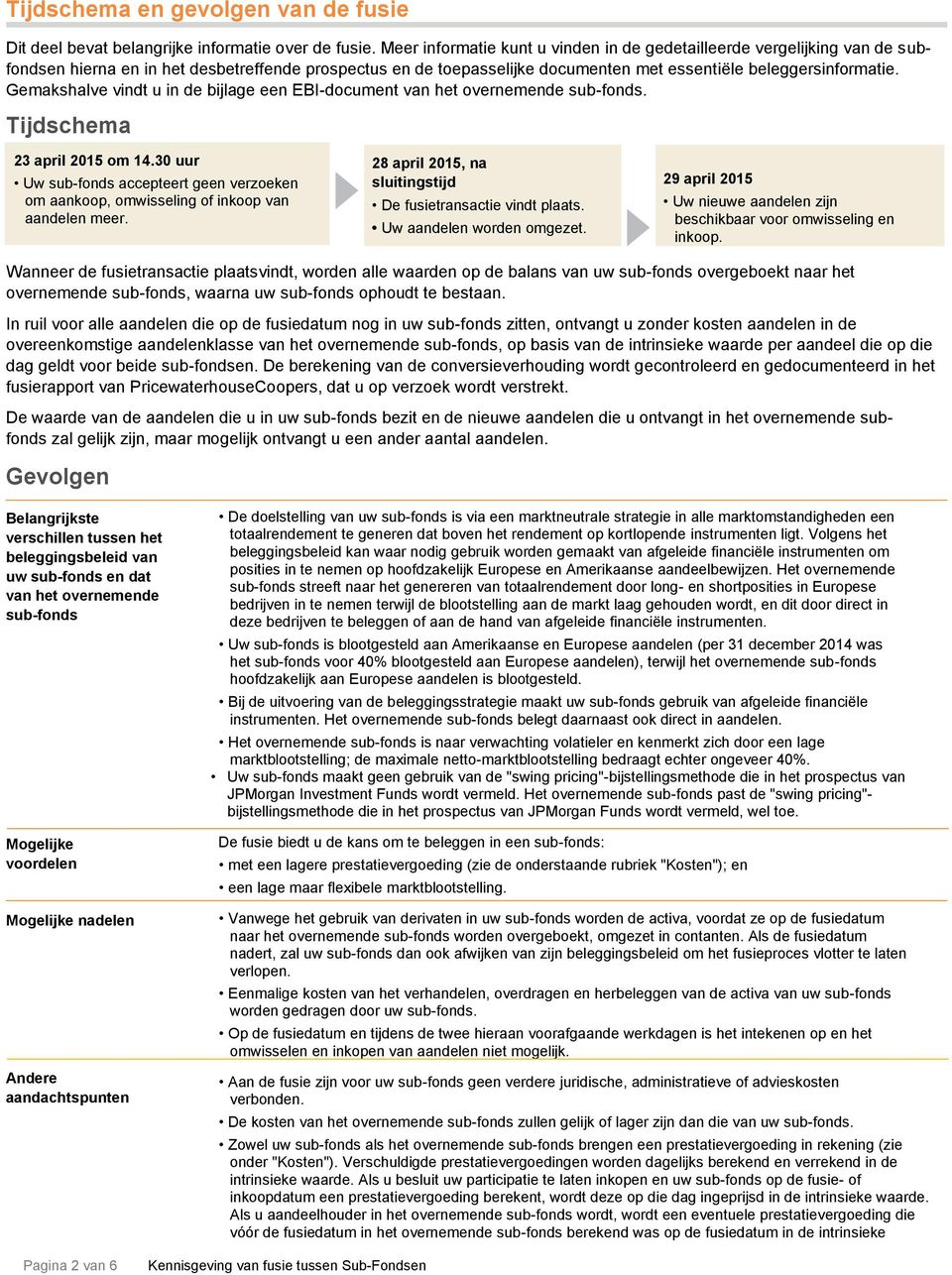 Gemakshalve vindt u in de bijlage een EBI-document van het overnemende sub-fonds. Tijdschema 23 april 2015 om 14.