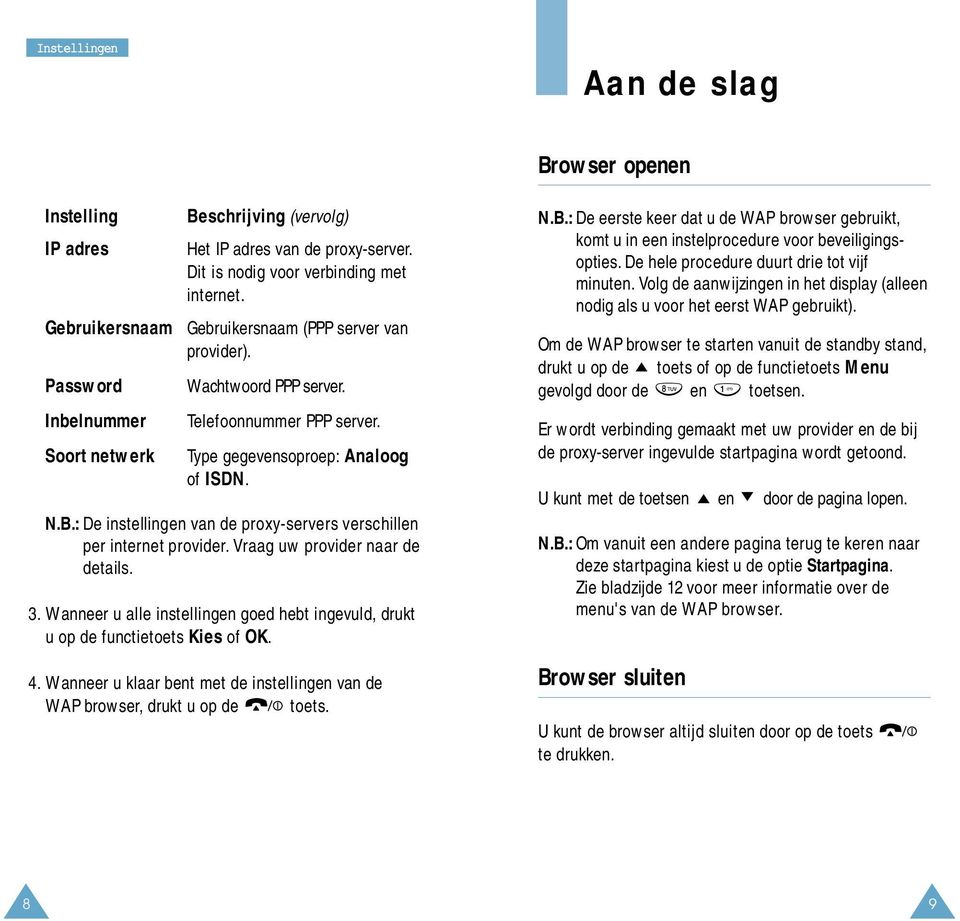 : De instellingen van de proxy-servers verschillen per internet provider. Vraag uw provider naar de details. 3. Wanneer u alle instellingen goed hebt ingevuld, drukt u op de functietoets Kies of OK.