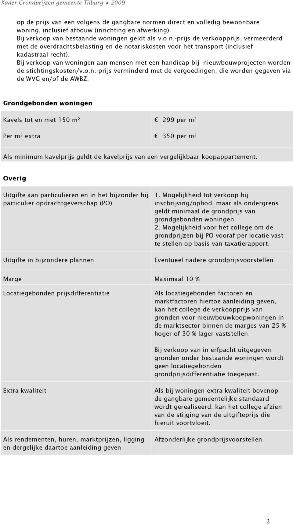 Grondgebonden woningen Kavels tot en met 150 m² Per m² extra 299 per m² 350 per m² Als minimum kavelprijs geldt de kavelprijs van een vergelijkbaar koopappartement.