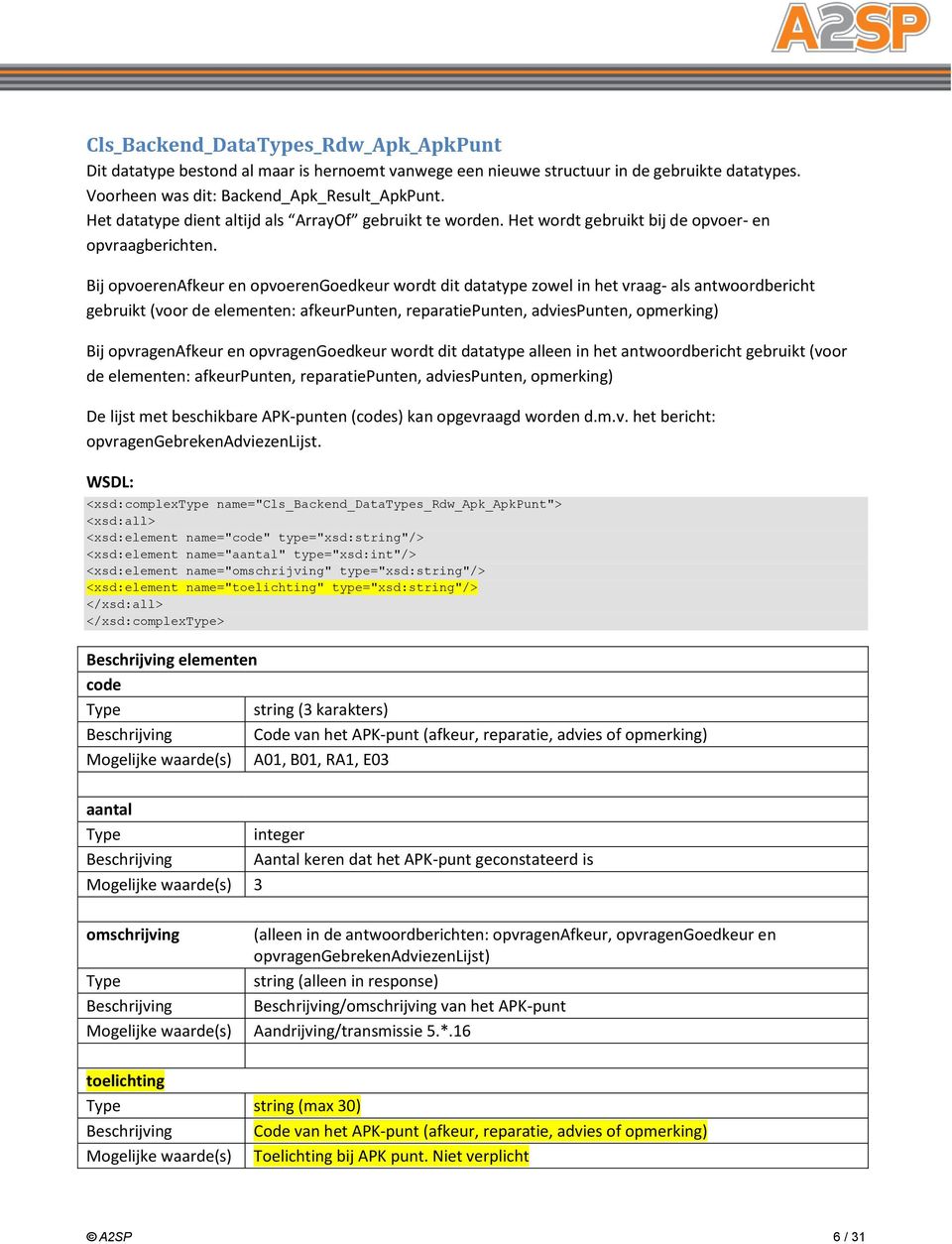 Bij opvoerenafkeur en opvoerengoedkeur wordt dit datatype zowel in het vraag- als antwoordbericht gebruikt (voor de elementen: afkeurpunten, reparatiepunten, adviespunten, opmerking) Bij