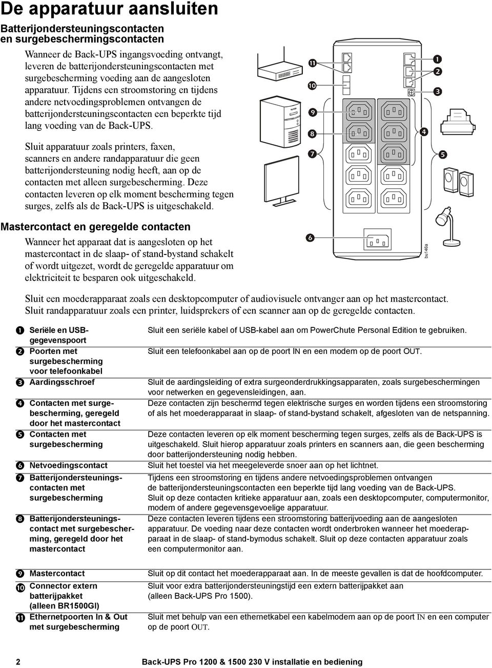 Sluit apparatuur zoals printers, faxen, scanners en andere randapparatuur die geen batterijondersteuning nodig heeft, aan op de contacten met alleen surgebescherming.