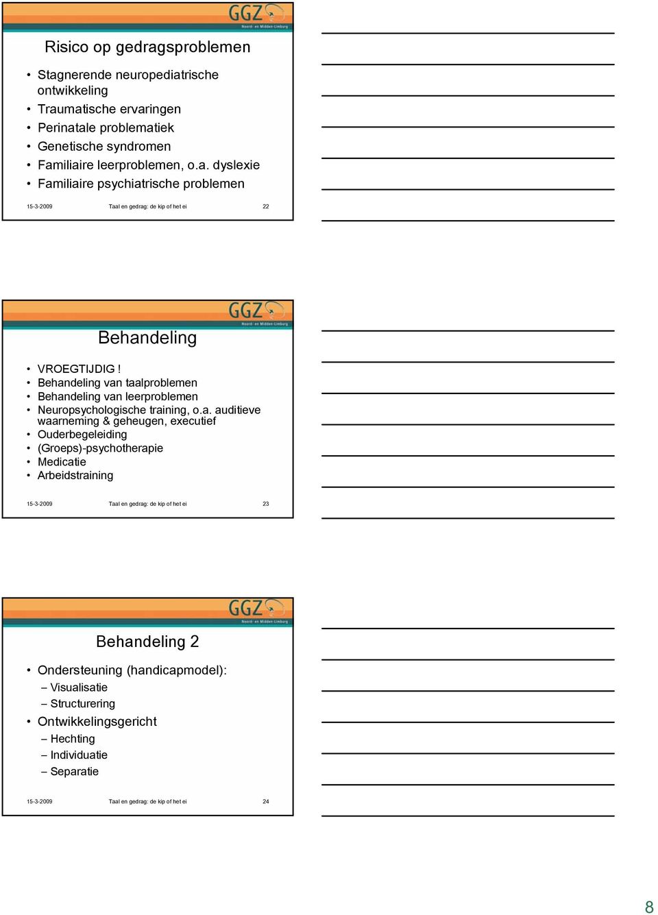 (Groeps)-psychotherapie Medicatie Arbeidstraining 15-3-2009 Taal en gedrag: de kip of het ei 23 Behandeling 2 Ondersteuning (handicapmodel): Visualisatie Structurering