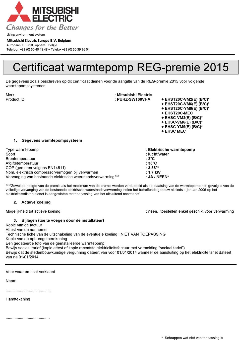 Gegevens warmtepompsysteem COP (gemeten volgens