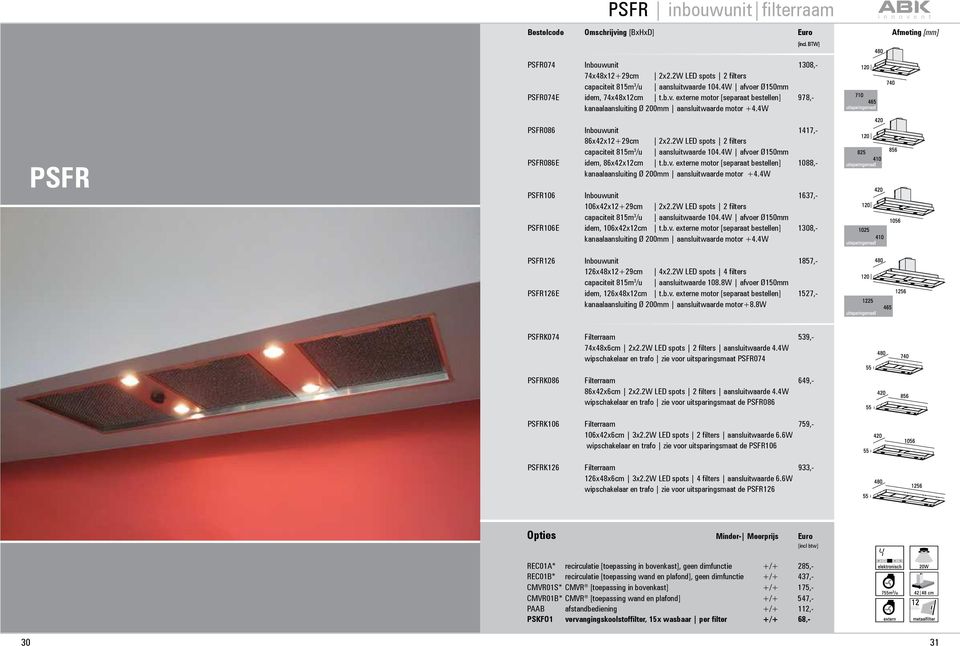 2W LED spots 2 filters capaciteit 815m 3 /u aansluitwaarde 104.4W afvoer Ø150mm PSFR086E idem, 86x42x12cm t.b.v. externe motor [separaat bestellen] 1088,- kanaalaansluiting Ø 200mm aansluitwaarde motor +4.