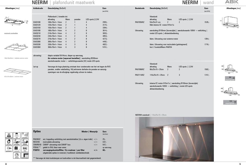 2 8 4492,- EA03330 330x70x4+14cm 4 3 8 4822,- EA03360 360x70x4+14cm 4 3 8 5151,- Wandunit afmeting filters LED spots 2,2W PA07056RZ 56x25x31 cm 2 2 1535,- Met interne CE motor 815m 3 /u Uitvoering