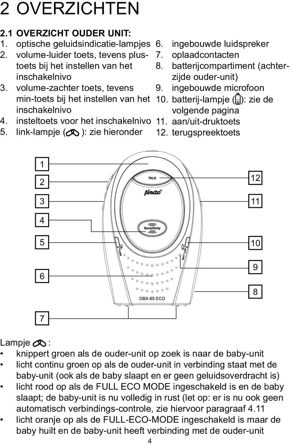 batterij-lampje ( ): zie de inschakelnivo volgende pagina 4. insteltoets voor het inschakelnivo 11. aan/uit-druktoets 5. link-lampje ( ): zie hieronder 12.