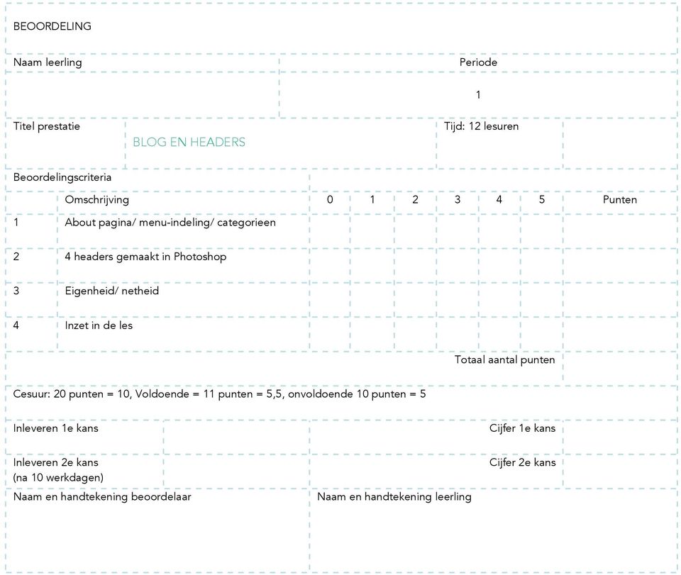 les Totaal aantal punten Cesuur: 20 punten = 10, Voldoende = 11 punten = 5,5, onvoldoende 10 punten = 5 Inleveren 1e kans