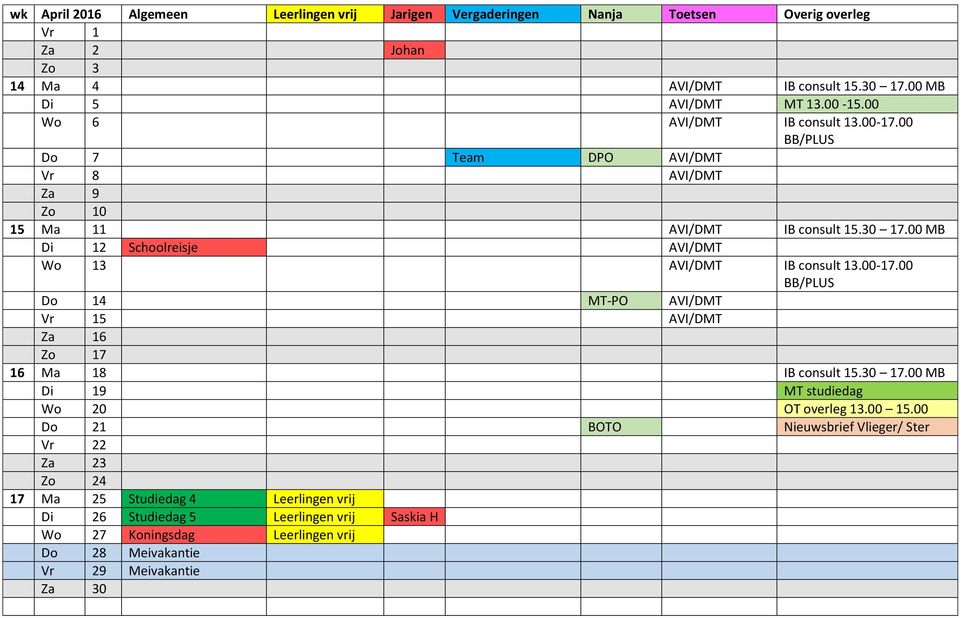 00 MB Di 12 Schoolreisje AVI/DMT Wo 13 AVI/DMT IB consult 13.00-17.00 Do 14 MT-PO AVI/DMT Vr 15 AVI/DMT Za 16 Zo 17 16 Ma 18 IB consult 15.30 17.