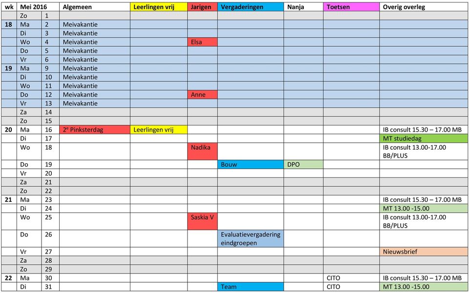 consult 15.30 17.00 MB Di 17 MT studiedag Wo 18 Nadika IB consult 13.00-17.00 Do 19 Bouw DPO Vr 20 Za 21 Zo 22 21 Ma 23 IB consult 15.30 17.00 MB Di 24 MT 13.00-15.