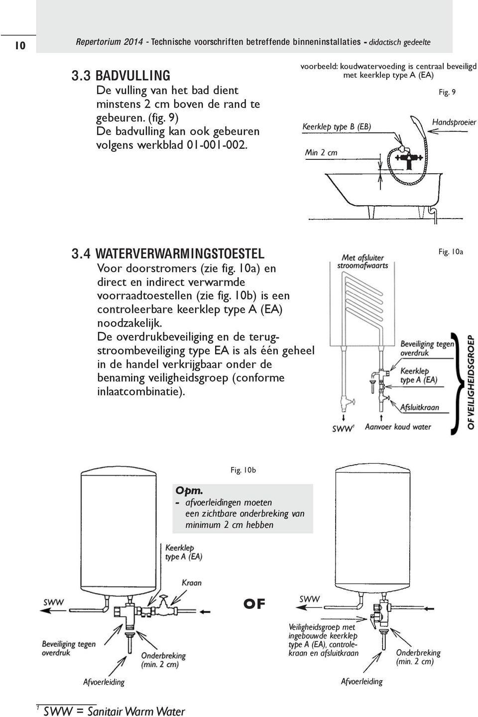 4 WATERVERWARMINGSTOESTEL Voor doorstromers (zie fig. 10a) en direct en indirect verwarmde voorraadtoestellen (zie fig. 10b) is een controleerbare keerklep type A (EA) noodzakelijk.