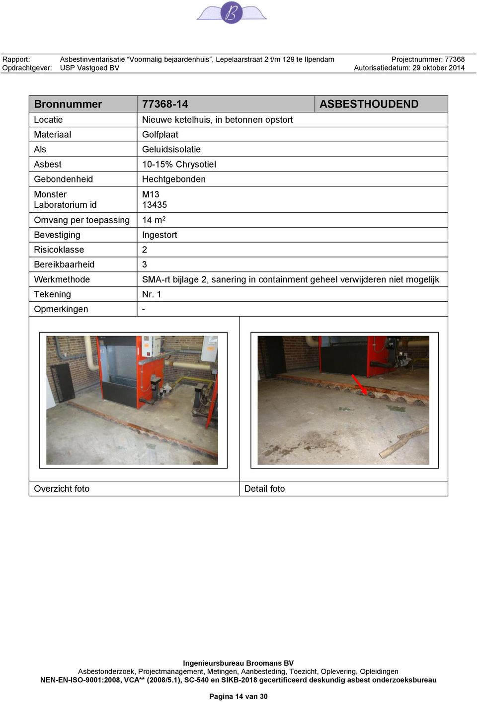 toepassing 14 m 2 Bevestiging Risicoklasse 2 Bereikbaarheid 3 Werkmethode Ingestort Tekening Nr.